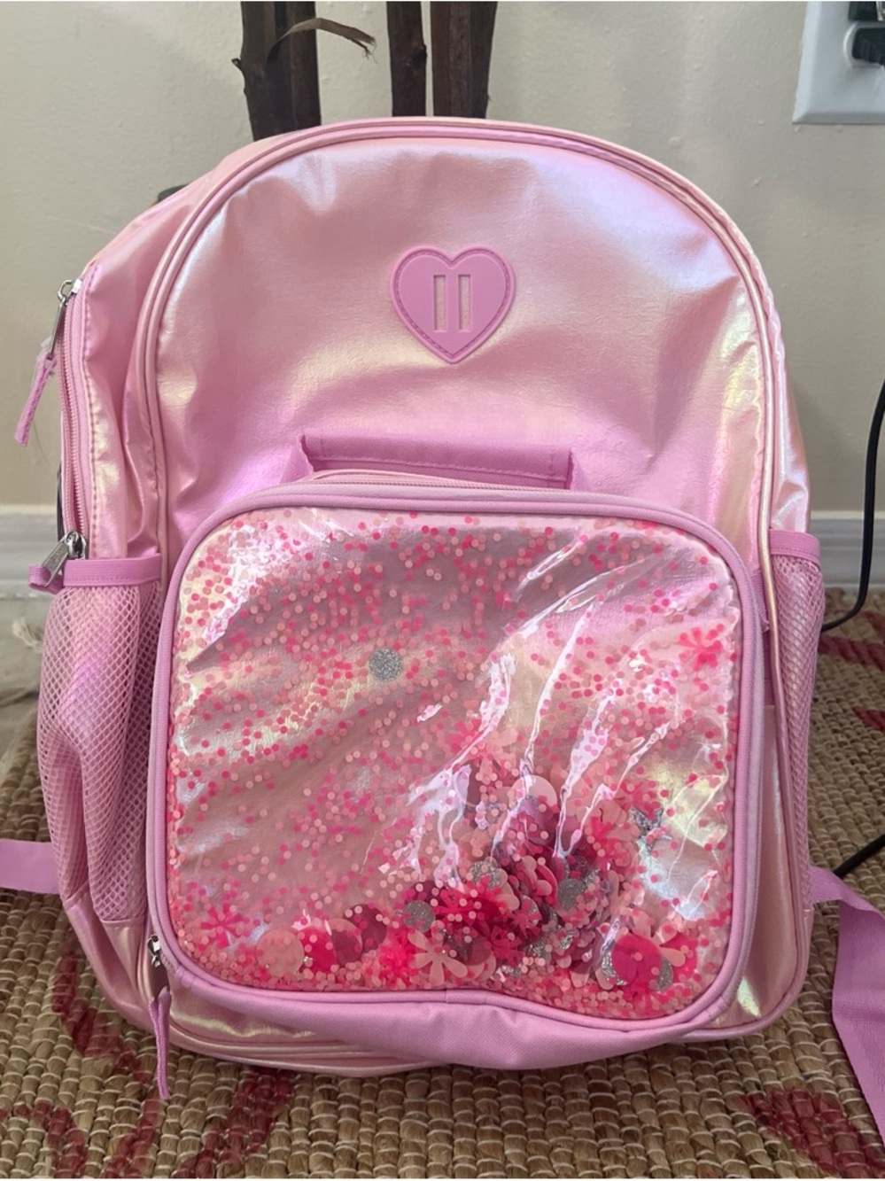 Pink Kids Backpack with Sparkle Front Pocket - Heart Detail